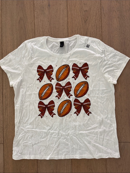 Tops - White Kids Graphic Tee with Footballs & Bows